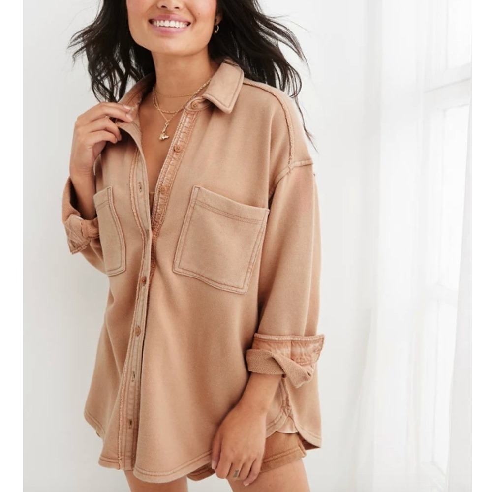 Aerie LumberJane Waffle Knit Button Down Shirt Shacket XL Tan Oversized Gorpcore - Picture 1 of 6